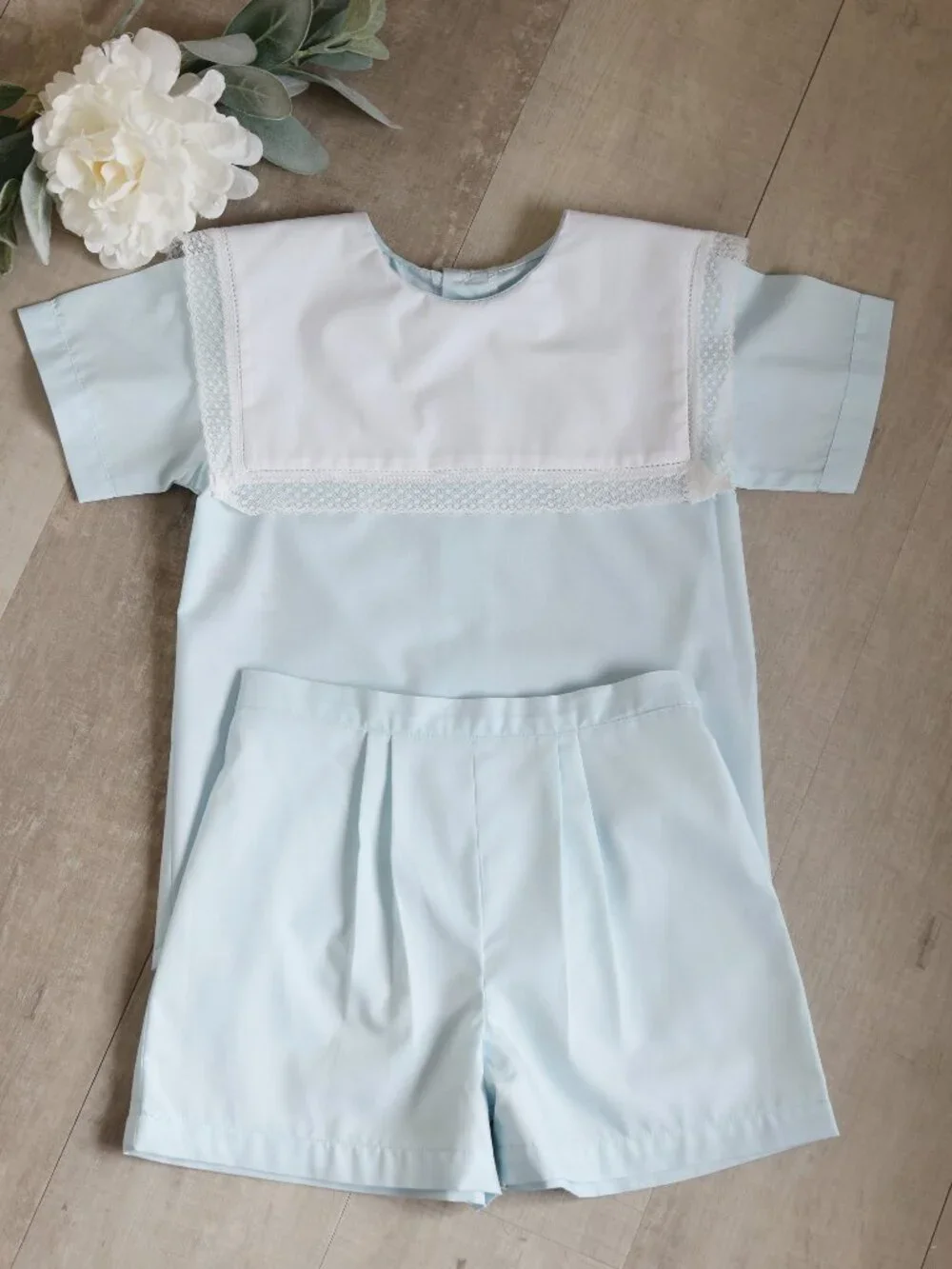 Blue Heirloom Dressy Short Set Vintage Lace Collar Ring Bearer Portrait Size 5